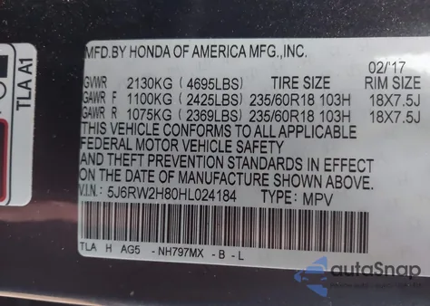 2017 Honda Cr-V Ex-L/Ex-L Navi из США, поврежденный, VIN 5J6RW2H80HL024184